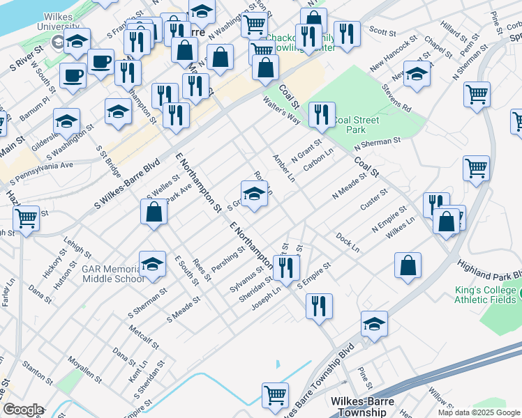 map of restaurants, bars, coffee shops, grocery stores, and more near 3-53 Winter Ln in Wilkes-Barre