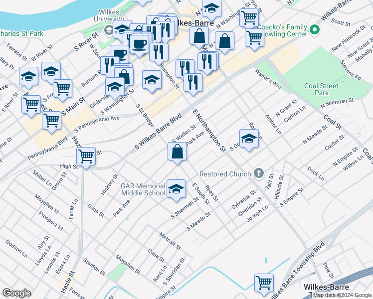 map of restaurants, bars, coffee shops, grocery stores, and more near 71 Park Avenue in Wilkes-Barre