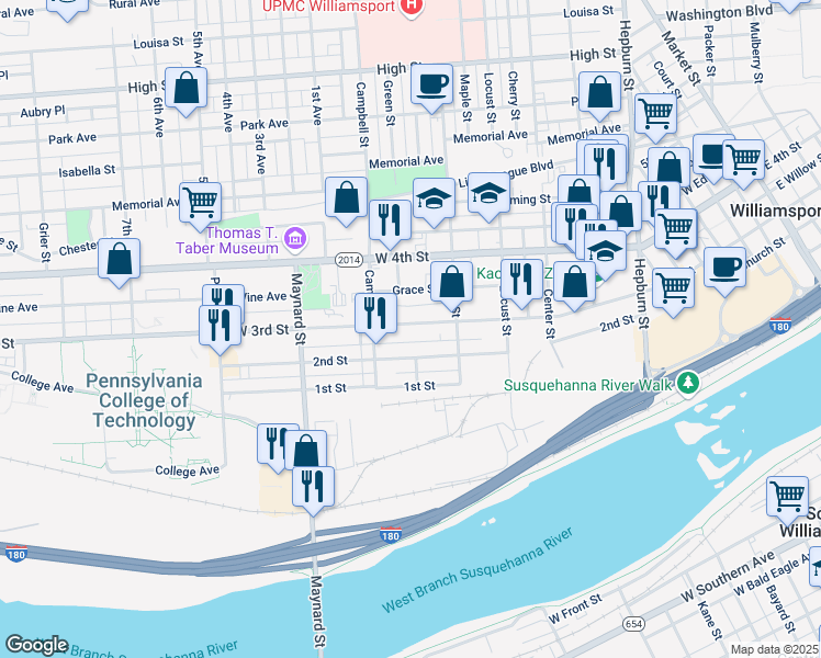 map of restaurants, bars, coffee shops, grocery stores, and more near 754 West 3rd Street in Williamsport