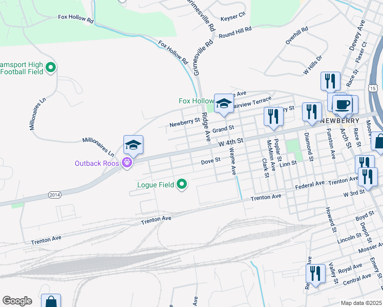 map of restaurants, bars, coffee shops, grocery stores, and more near 2702 State Route 2014 in Williamsport