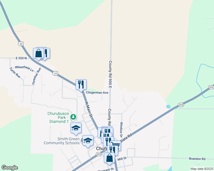 map of restaurants, bars, coffee shops, grocery stores, and more near 5001 County Road 900 East in Churubusco