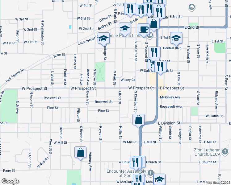 map of restaurants, bars, coffee shops, grocery stores, and more near 507 W Prospect St in Kewanee