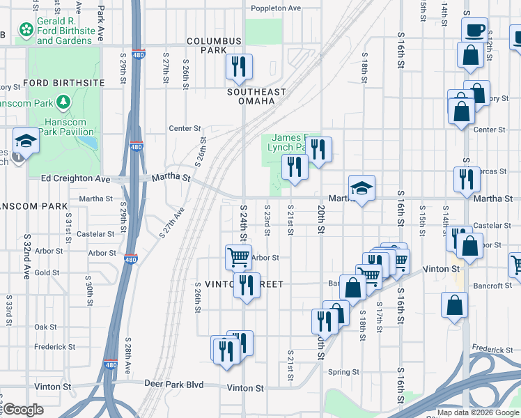 map of restaurants, bars, coffee shops, grocery stores, and more near 2306 South 23rd Street in Omaha
