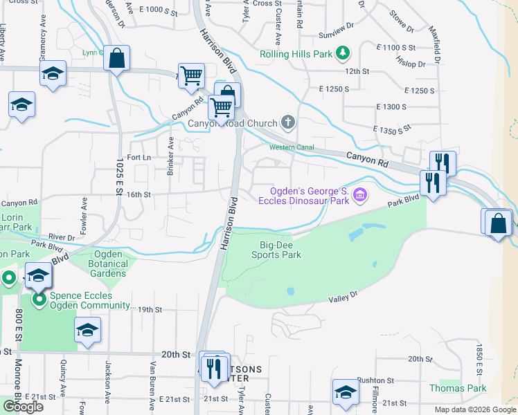 map of restaurants, bars, coffee shops, grocery stores, and more near 1321 16th Street in Ogden