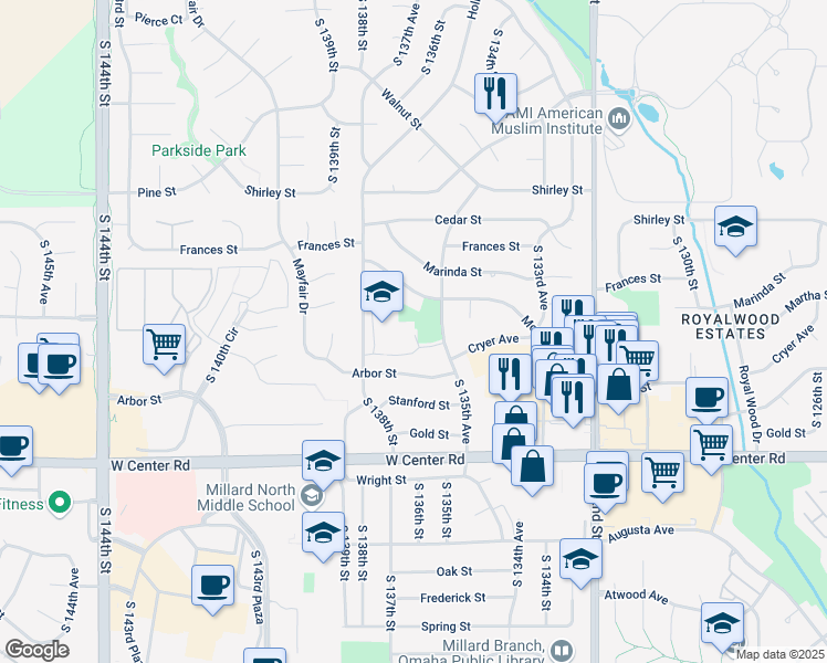 map of restaurants, bars, coffee shops, grocery stores, and more near 2304 1/2 South 135th Avenue in Omaha
