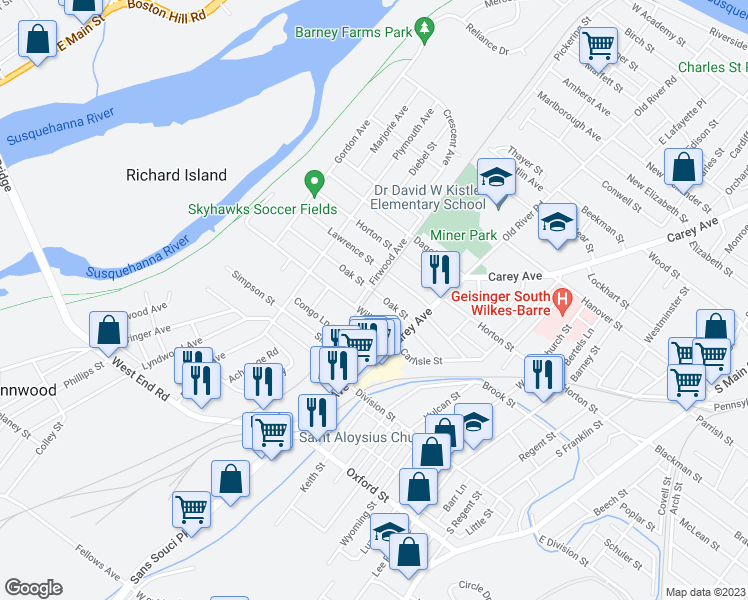 map of restaurants, bars, coffee shops, grocery stores, and more near 44 Oak Street in Wilkes-Barre