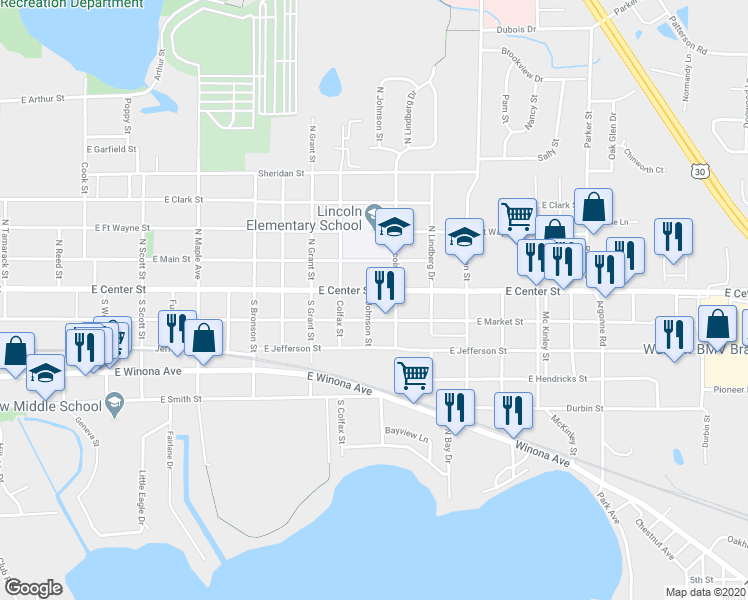 map of restaurants, bars, coffee shops, grocery stores, and more near 1804 East Center Street in Warsaw