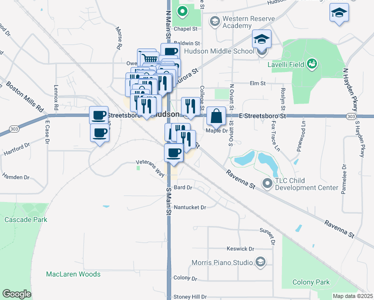 map of restaurants, bars, coffee shops, grocery stores, and more near 46 Ravenna Street in Hudson