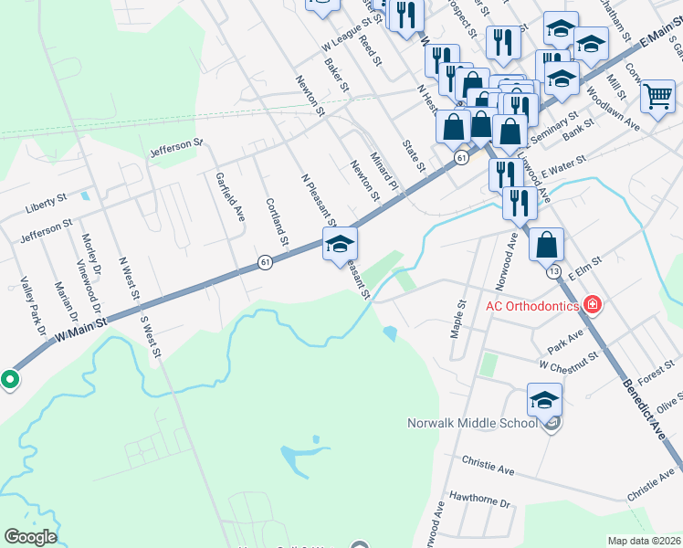 map of restaurants, bars, coffee shops, grocery stores, and more near 16 South Pleasant Street in Norwalk