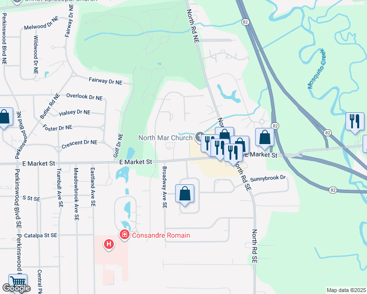 map of restaurants, bars, coffee shops, grocery stores, and more near 3741 East Market Street in Warren