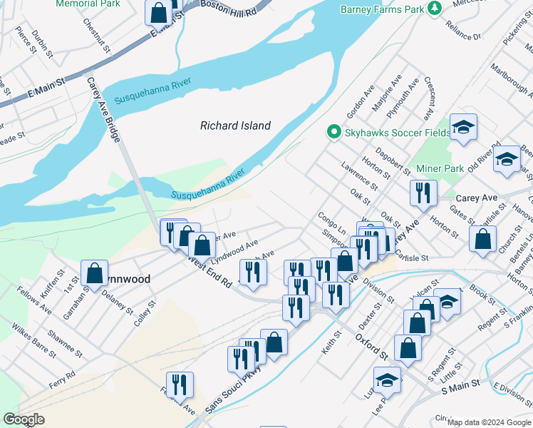 map of restaurants, bars, coffee shops, grocery stores, and more near 101 Claymont Avenue in Wilkes-Barre