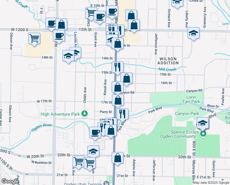 map of restaurants, bars, coffee shops, grocery stores, and more near 310 East 1650 South Street in Ogden