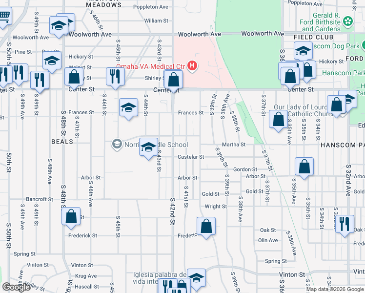 map of restaurants, bars, coffee shops, grocery stores, and more near 2209 South 41st Street in Omaha