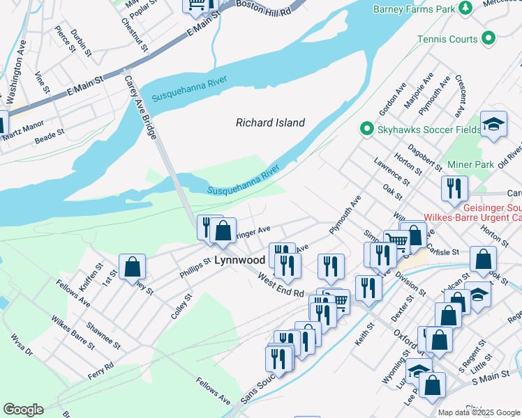 map of restaurants, bars, coffee shops, grocery stores, and more near 106 Norwood Ave in Luzerne