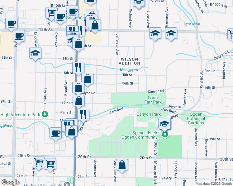 map of restaurants, bars, coffee shops, grocery stores, and more near 2022 Jefferson Avenue in Ogden