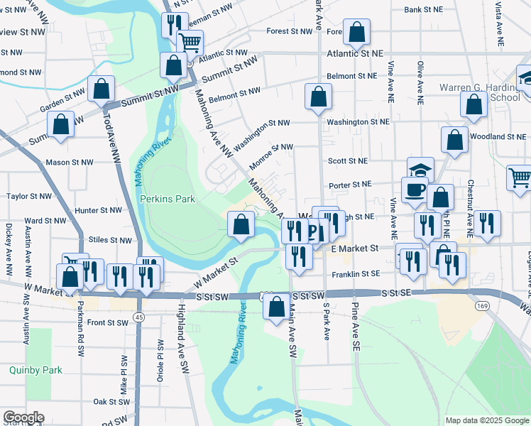map of restaurants, bars, coffee shops, grocery stores, and more near 241 Mahoning Avenue in Niles