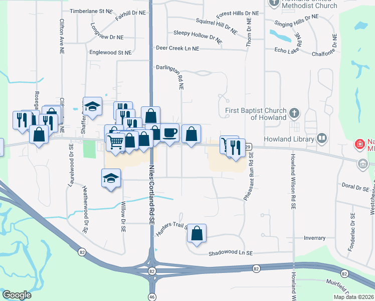 map of restaurants, bars, coffee shops, grocery stores, and more near 8530 East Market Street in Warren