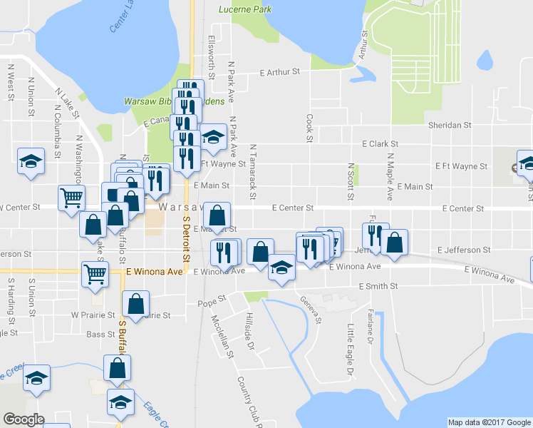 map of restaurants, bars, coffee shops, grocery stores, and more near 720 East Center Street in Warsaw