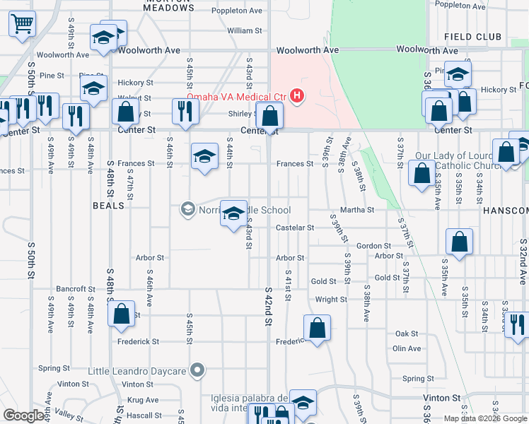 map of restaurants, bars, coffee shops, grocery stores, and more near 2212 South 42nd Street in Omaha