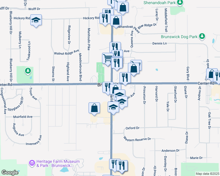 map of restaurants, bars, coffee shops, grocery stores, and more near 1380 Pearl Road in Brunswick