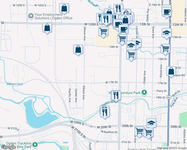 map of restaurants, bars, coffee shops, grocery stores, and more near 240 West 17th Street in Ogden