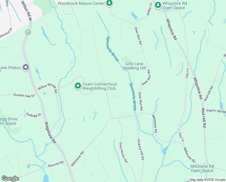 map of restaurants, bars, coffee shops, grocery stores, and more near 45 Spectacle Lane in Wilton