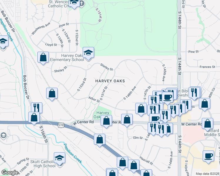 map of restaurants, bars, coffee shops, grocery stores, and more near 15031 Brookside Circle in Omaha