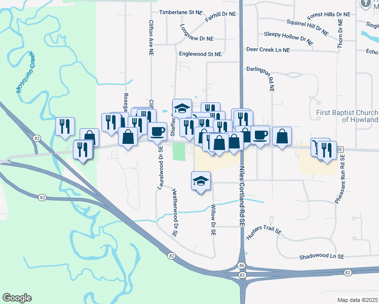 map of restaurants, bars, coffee shops, grocery stores, and more near 8100 Warren - Sharon Road in Warren
