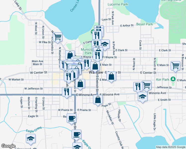 map of restaurants, bars, coffee shops, grocery stores, and more near 310 East Center Street in Warsaw