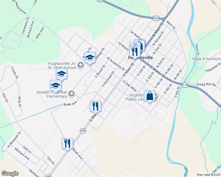 map of restaurants, bars, coffee shops, grocery stores, and more near 15 Cemetery Street in Hughesville