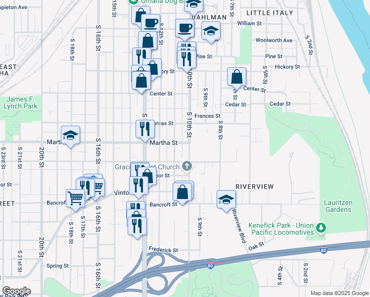 map of restaurants, bars, coffee shops, grocery stores, and more near 2308 South 10th Street in Omaha