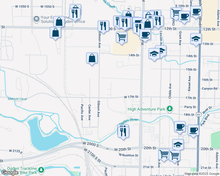 map of restaurants, bars, coffee shops, grocery stores, and more near 240 West 17th Street in Ogden