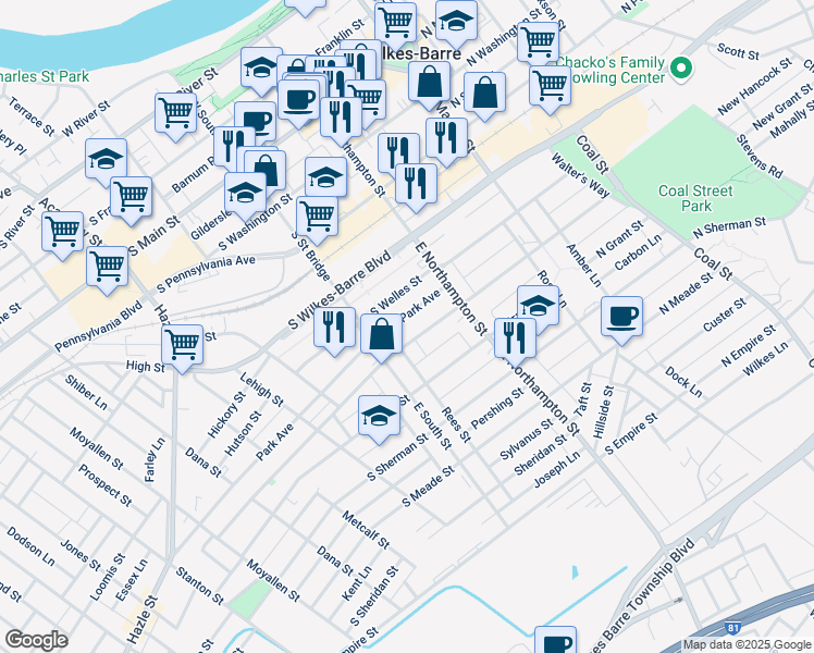 map of restaurants, bars, coffee shops, grocery stores, and more near 71 Park Avenue in Wilkes-Barre