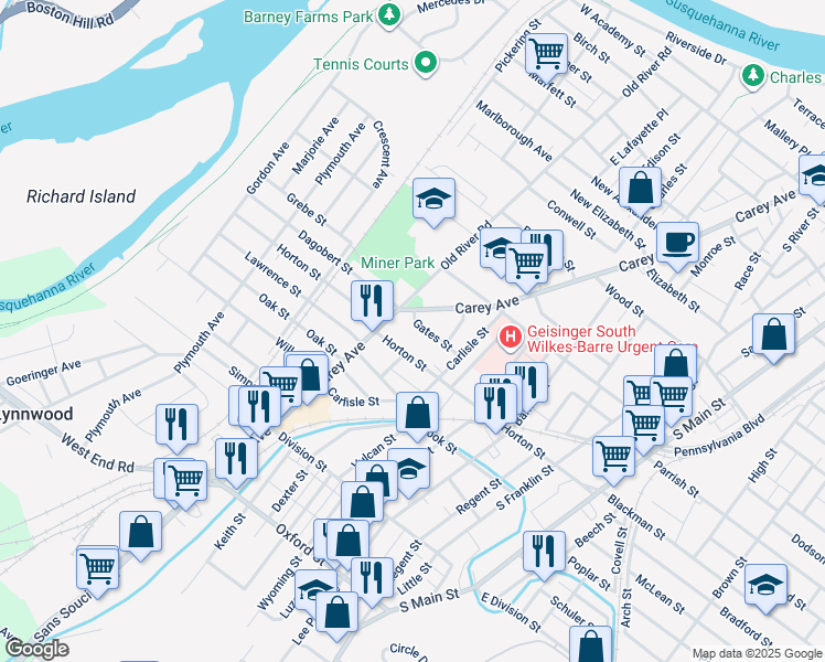 map of restaurants, bars, coffee shops, grocery stores, and more near 58 Gates Street in Wilkes-Barre