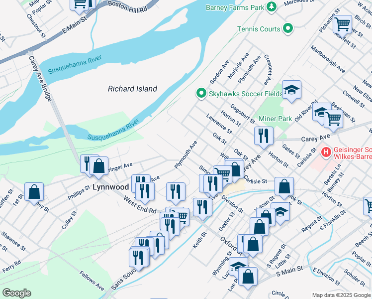 map of restaurants, bars, coffee shops, grocery stores, and more near 159 Simpson Street in Wilkes-Barre