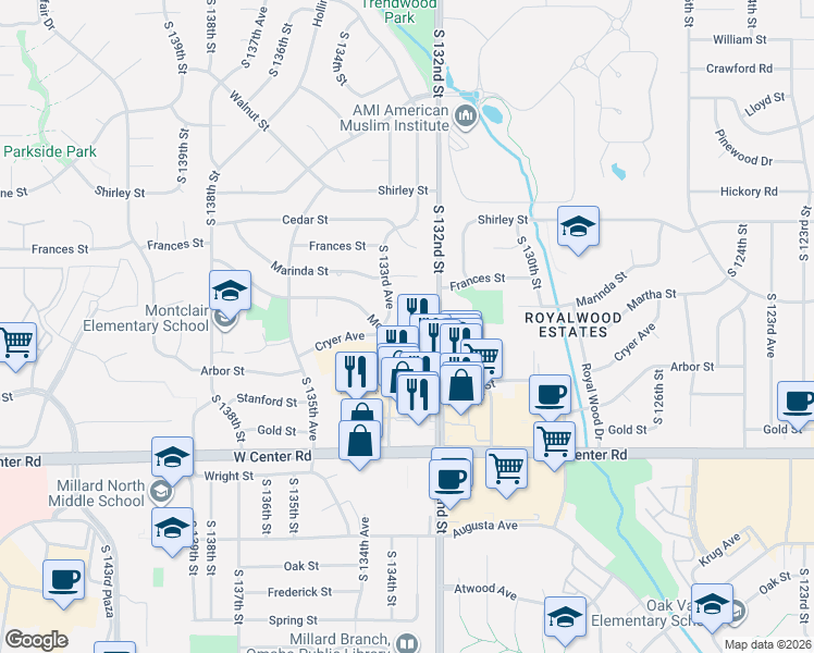 map of restaurants, bars, coffee shops, grocery stores, and more near 2317 South 133rd Avenue in Omaha