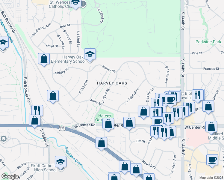 map of restaurants, bars, coffee shops, grocery stores, and more near 15031 Brookside Circle in Omaha