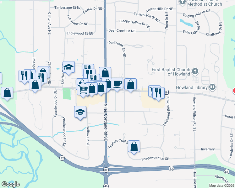 map of restaurants, bars, coffee shops, grocery stores, and more near 8480 East Market Street in Warren