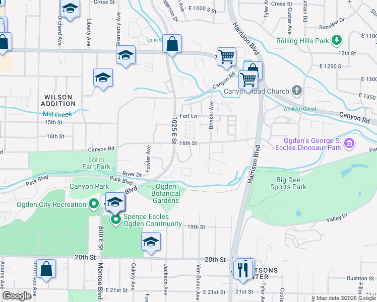 map of restaurants, bars, coffee shops, grocery stores, and more near 1629 Sara Lane in Ogden
