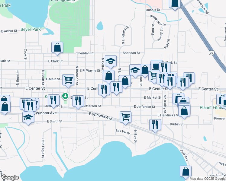 map of restaurants, bars, coffee shops, grocery stores, and more near 1804 East Center Street in Warsaw