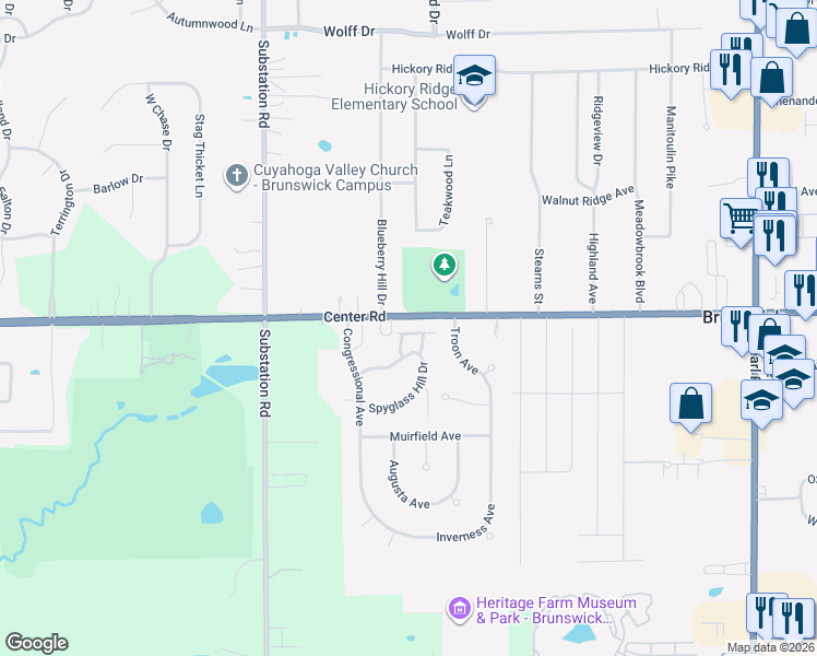 map of restaurants, bars, coffee shops, grocery stores, and more near 4701 Doral Drive in Brunswick