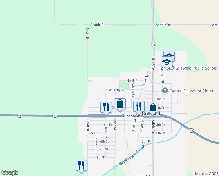 map of restaurants, bars, coffee shops, grocery stores, and more near 409 Whitney Street in Griswold