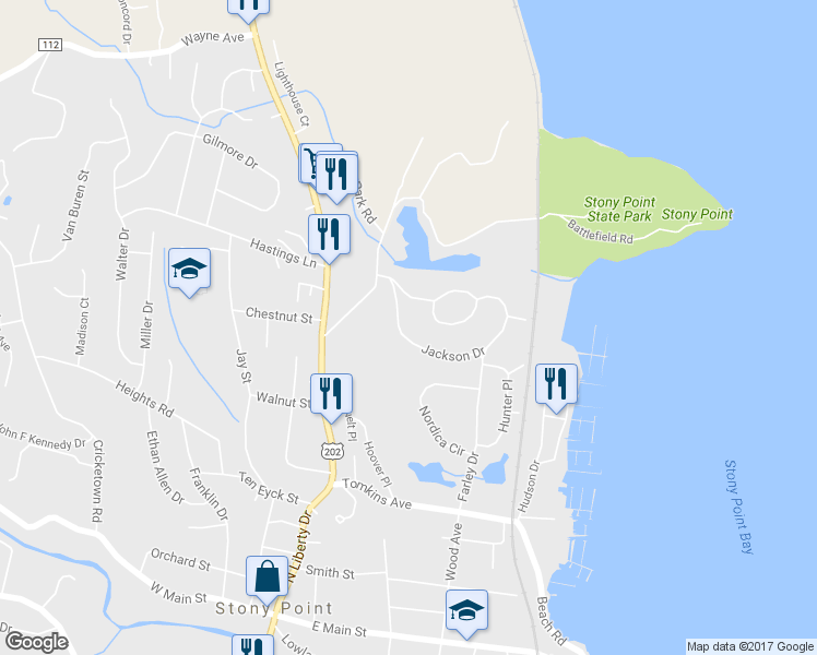 map of restaurants, bars, coffee shops, grocery stores, and more near 11 Jackson Drive in Stony Point