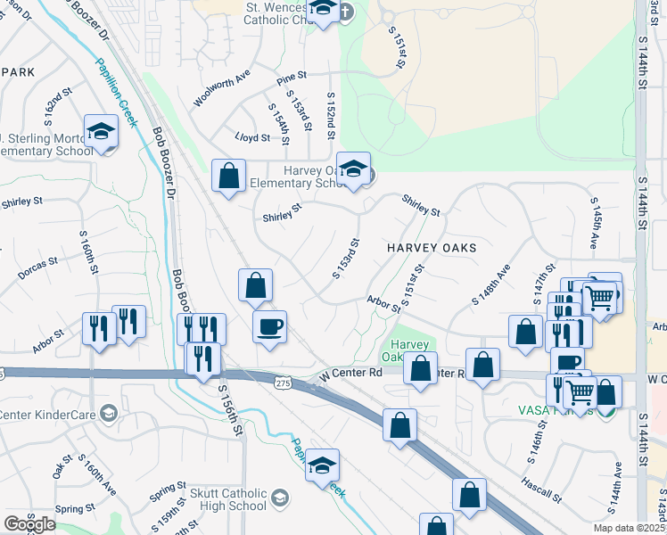 map of restaurants, bars, coffee shops, grocery stores, and more near 2218 South 153rd Street in Omaha