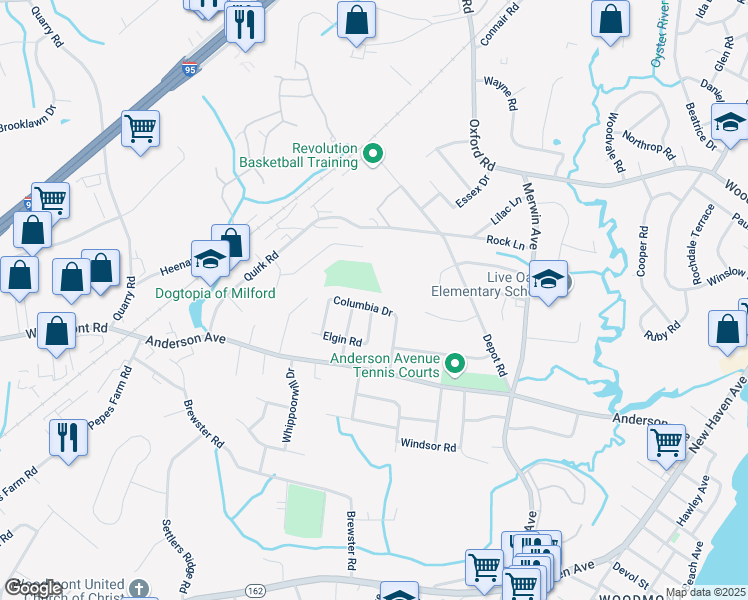 map of restaurants, bars, coffee shops, grocery stores, and more near 31 Columbia Drive in Milford