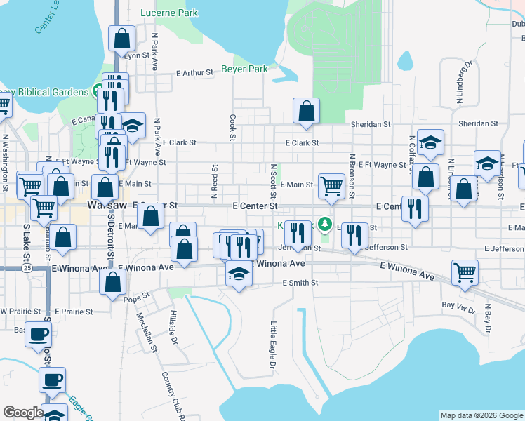 map of restaurants, bars, coffee shops, grocery stores, and more near 922 East Center Street in Warsaw