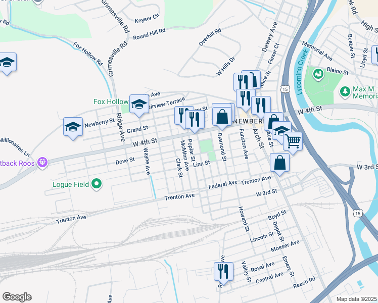 map of restaurants, bars, coffee shops, grocery stores, and more near 823 Poplar Street in Williamsport