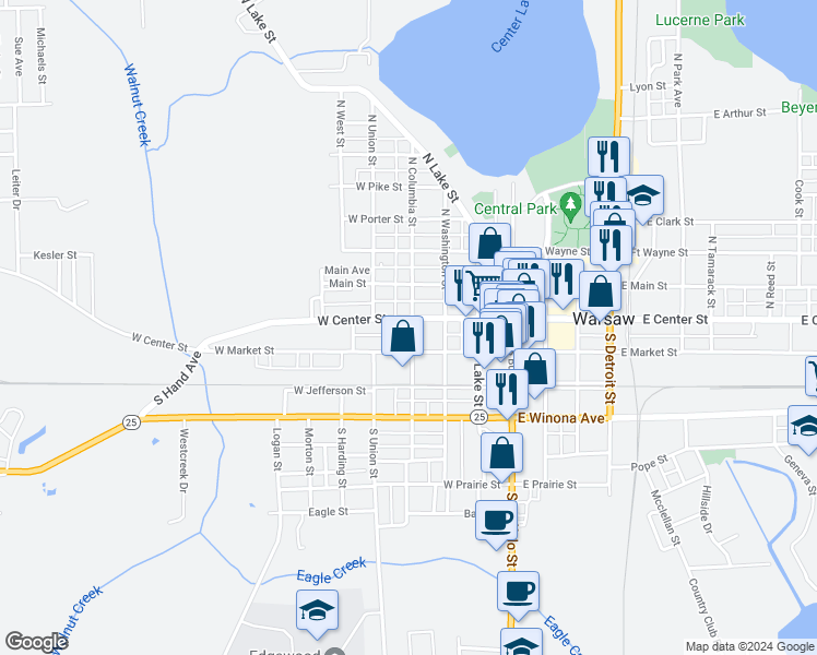 map of restaurants, bars, coffee shops, grocery stores, and more near 401 West Center Street in Warsaw