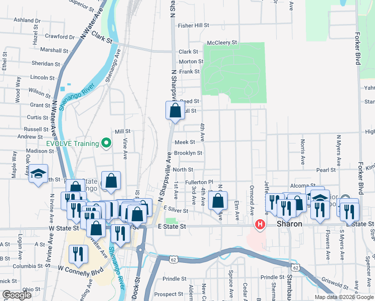 map of restaurants, bars, coffee shops, grocery stores, and more near 389 Brooklyn Street in Sharon