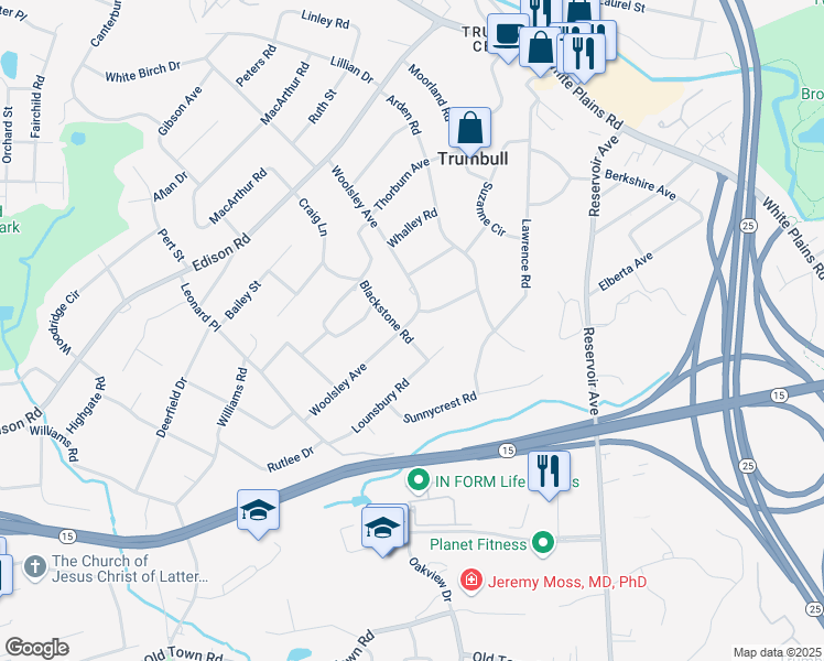 map of restaurants, bars, coffee shops, grocery stores, and more near 81 Woolsley Avenue in Trumbull